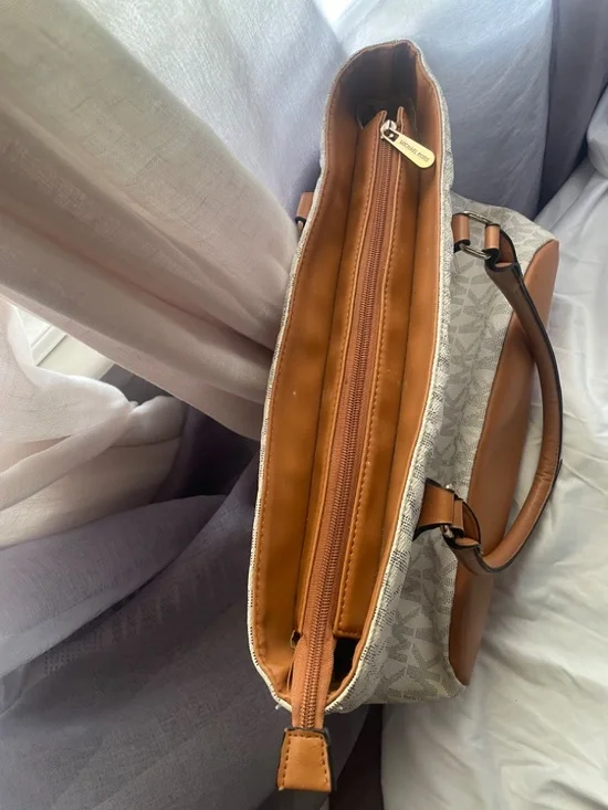 Michael Kors | Vanilla MK Monogram & Brown Leather Trim Bag - Picture 9 of 11